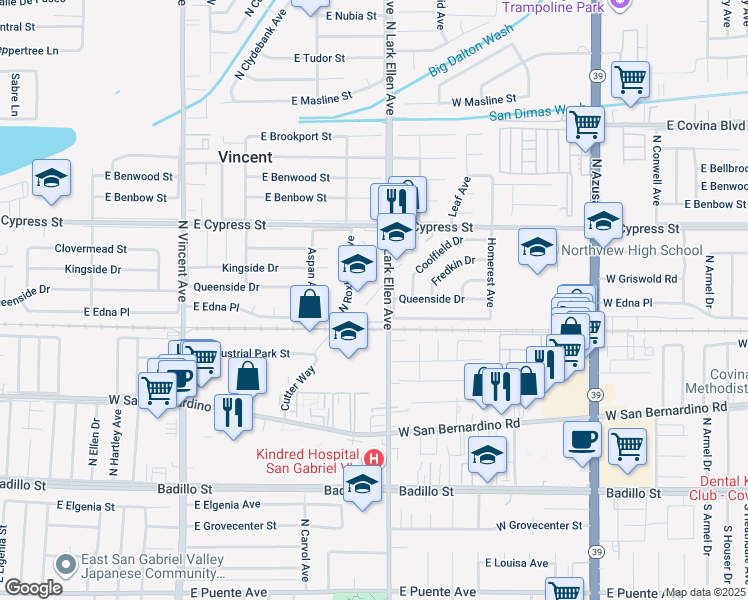 map of restaurants, bars, coffee shops, grocery stores, and more near 4455 North Lark Ellen Lane in Covina