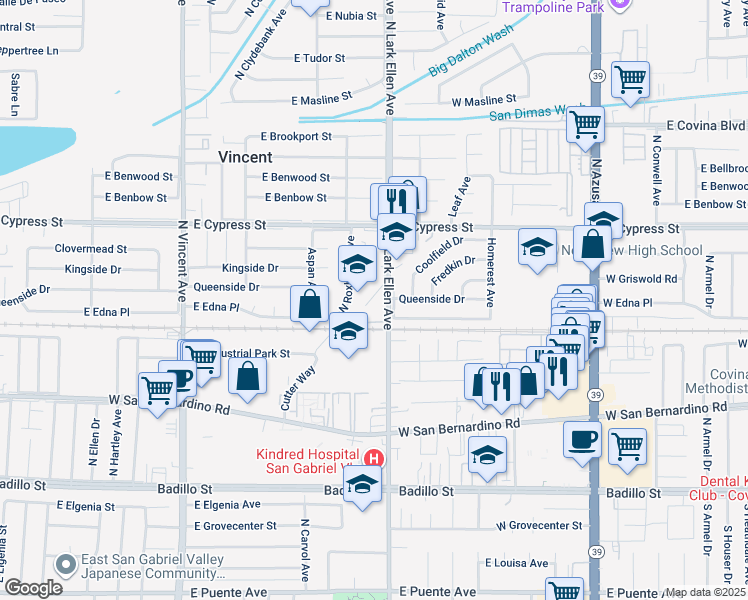 map of restaurants, bars, coffee shops, grocery stores, and more near 4455 North Lark Ellen Lane in Covina