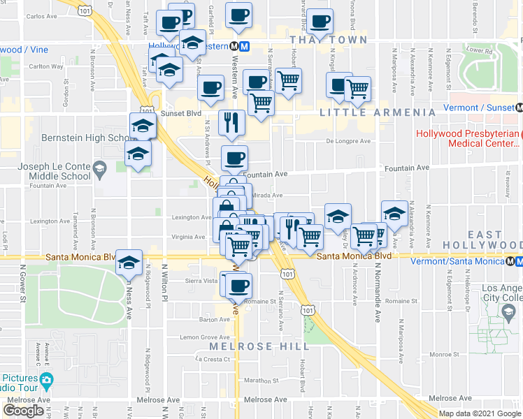 map of restaurants, bars, coffee shops, grocery stores, and more near 5421 Lexington Avenue in Los Angeles