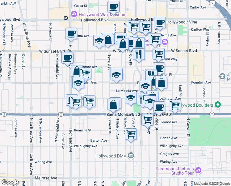 map of restaurants, bars, coffee shops, grocery stores, and more near 6523 La Mirada Avenue in Los Angeles