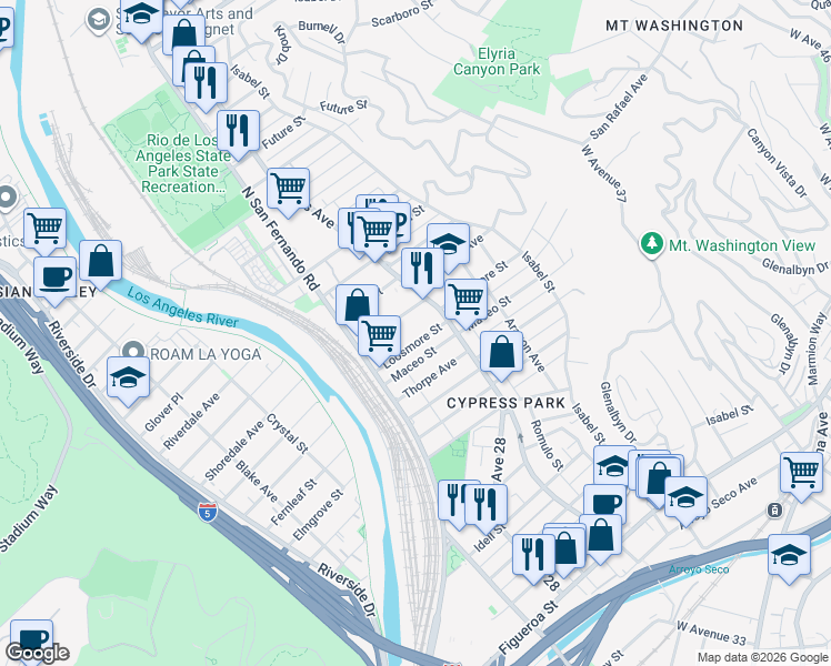 map of restaurants, bars, coffee shops, grocery stores, and more near 2663 Loosmore Street in Los Angeles