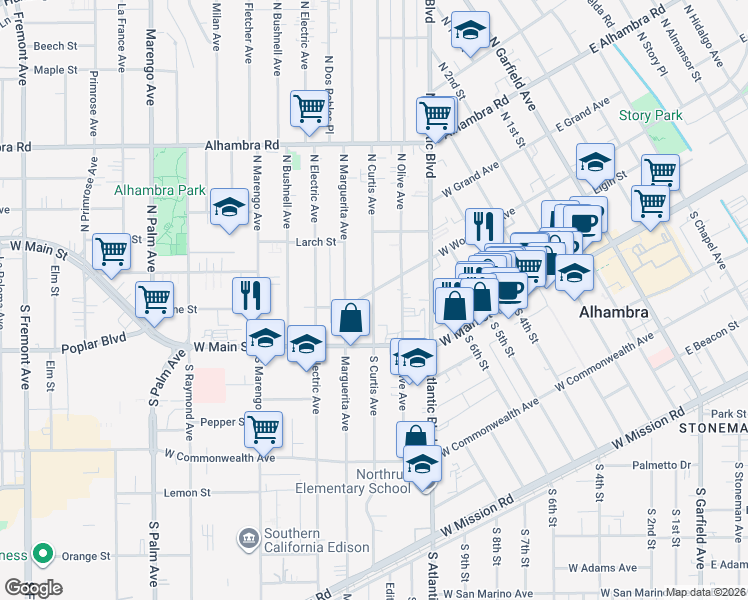 map of restaurants, bars, coffee shops, grocery stores, and more near 402 North Curtis Avenue in Alhambra