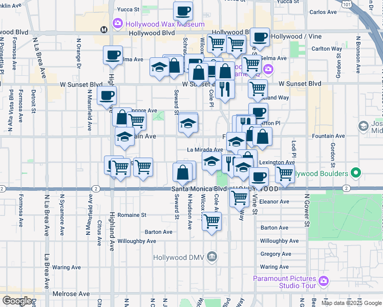 map of restaurants, bars, coffee shops, grocery stores, and more near 6523 La Mirada Avenue in Los Angeles