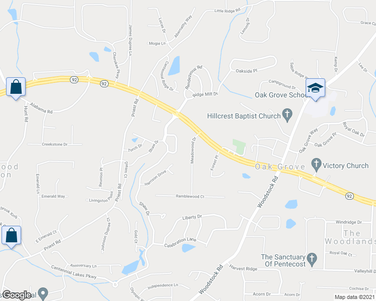 map of restaurants, bars, coffee shops, grocery stores, and more near 5721 Meadowood Drive in Acworth