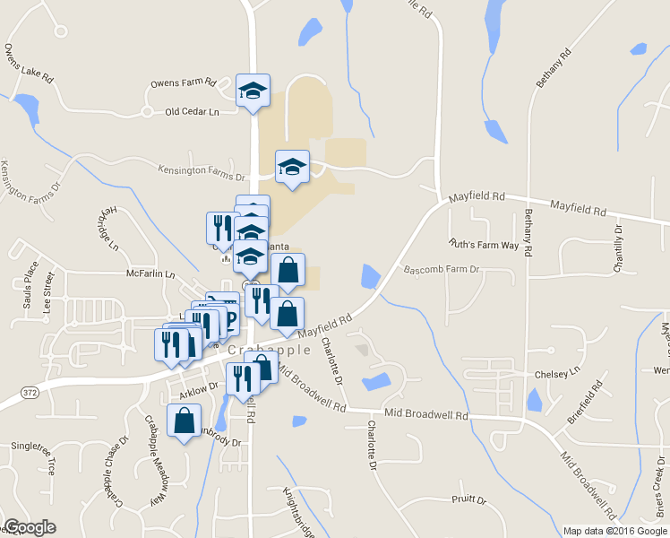 map of restaurants, bars, coffee shops, grocery stores, and more near 980 Mayfield Road in Alpharetta