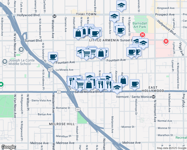 map of restaurants, bars, coffee shops, grocery stores, and more near 1202 North Kingsley Drive in Los Angeles