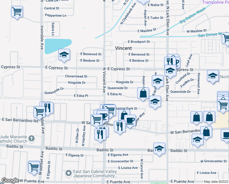 map of restaurants, bars, coffee shops, grocery stores, and more near 16539 East Edna Place in Covina