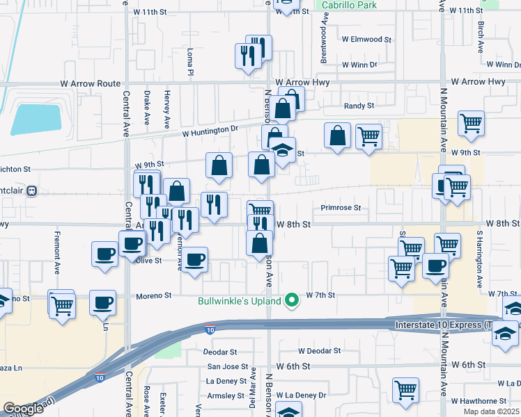 map of restaurants, bars, coffee shops, grocery stores, and more near 133 Spinnaker Way in Upland
