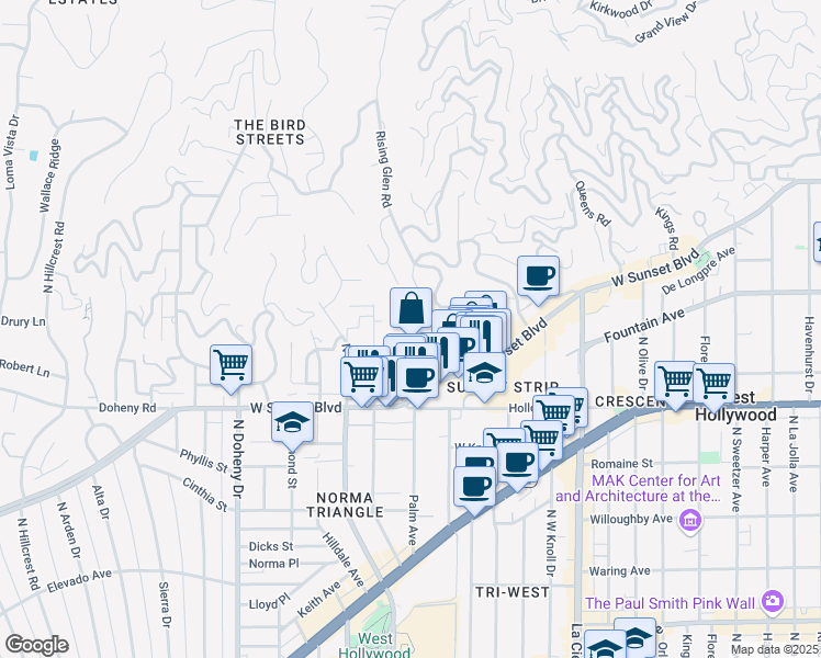 map of restaurants, bars, coffee shops, grocery stores, and more near 1230 Horn Avenue in West Hollywood