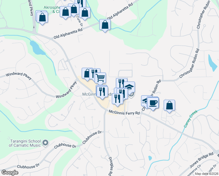 map of restaurants, bars, coffee shops, grocery stores, and more near 5475 Donehoo Court in Alpharetta