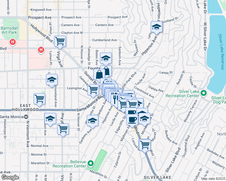 map of restaurants, bars, coffee shops, grocery stores, and more near 1130 Sanborn Avenue in Los Angeles