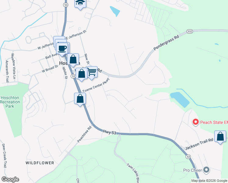 map of restaurants, bars, coffee shops, grocery stores, and more near 143 Towne Center Parkway in Hoschton