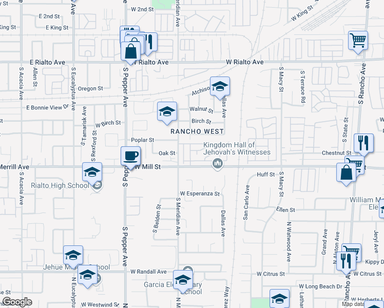 map of restaurants, bars, coffee shops, grocery stores, and more near 2686 West Mill Street in San Bernardino