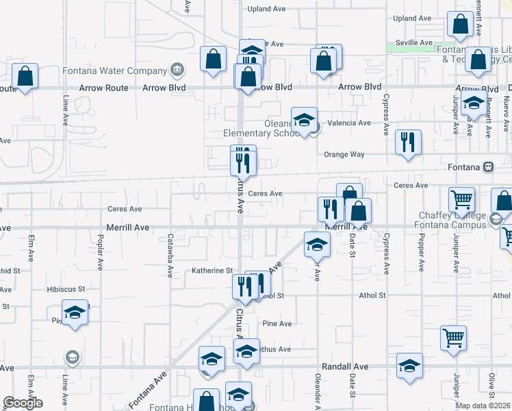 map of restaurants, bars, coffee shops, grocery stores, and more near 8845 Citrus Avenue in Fontana