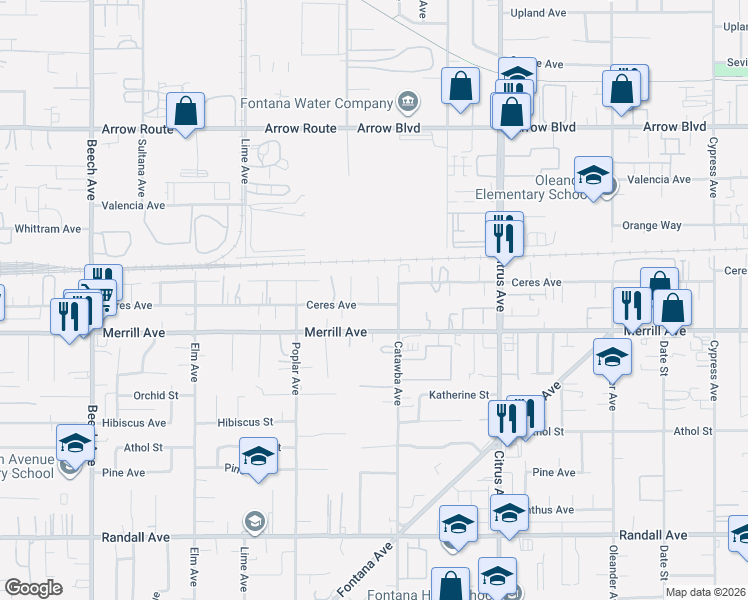 map of restaurants, bars, coffee shops, grocery stores, and more near 8882 Niagara Drive in Fontana
