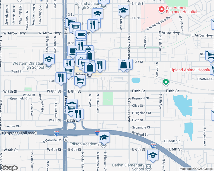 map of restaurants, bars, coffee shops, grocery stores, and more near 148 Royal Way in Upland