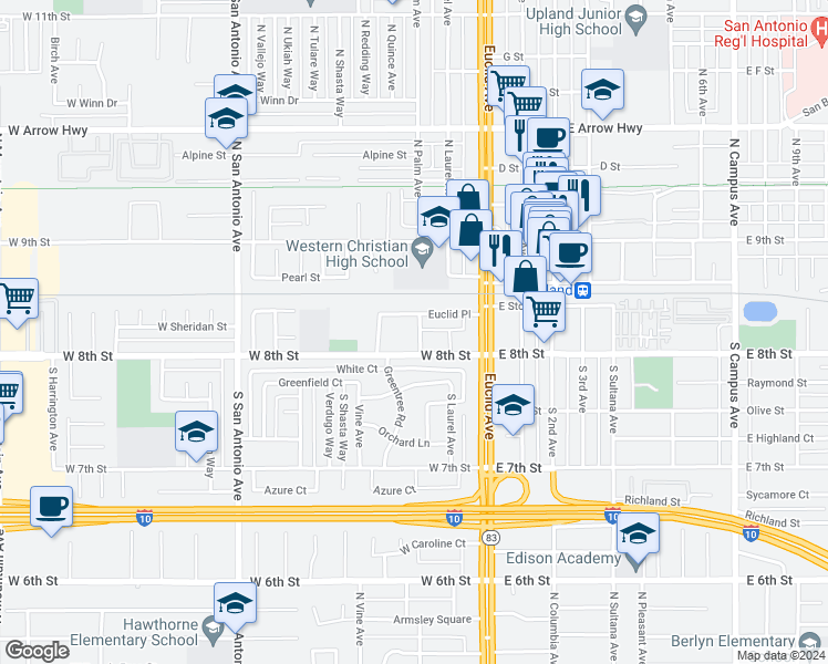 map of restaurants, bars, coffee shops, grocery stores, and more near 157 South Palm Avenue in Upland