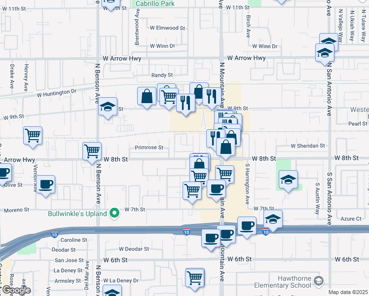 map of restaurants, bars, coffee shops, grocery stores, and more near 138 Stillman Way in Upland
