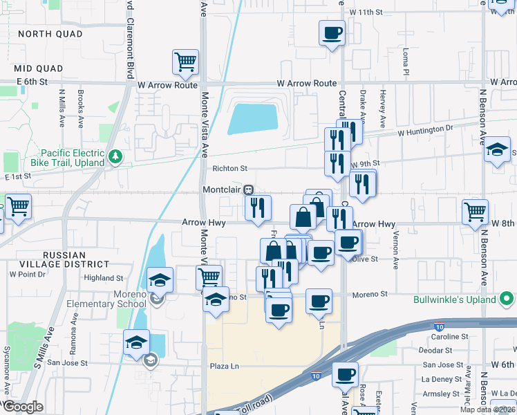 map of restaurants, bars, coffee shops, grocery stores, and more near 5040 Arrow Hwy in Montclair