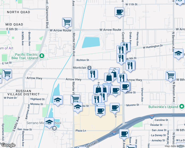 map of restaurants, bars, coffee shops, grocery stores, and more near 5040 Arrow Hwy in Montclair