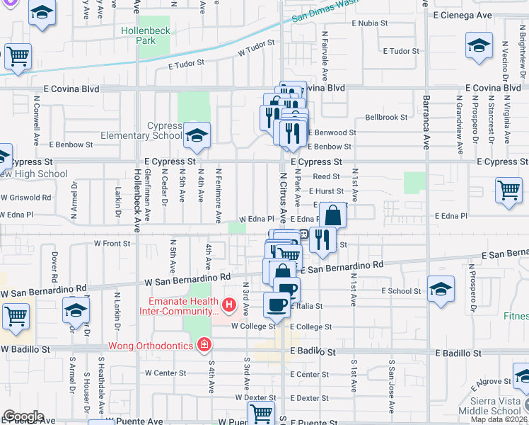 map of restaurants, bars, coffee shops, grocery stores, and more near 740 North Viceroy Avenue in Covina