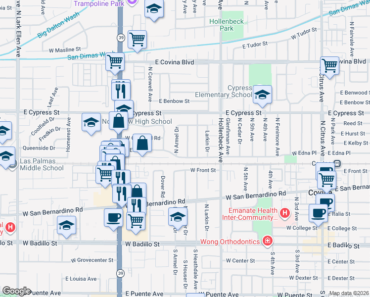 map of restaurants, bars, coffee shops, grocery stores, and more near 4426 North Eastbury Avenue in Covina