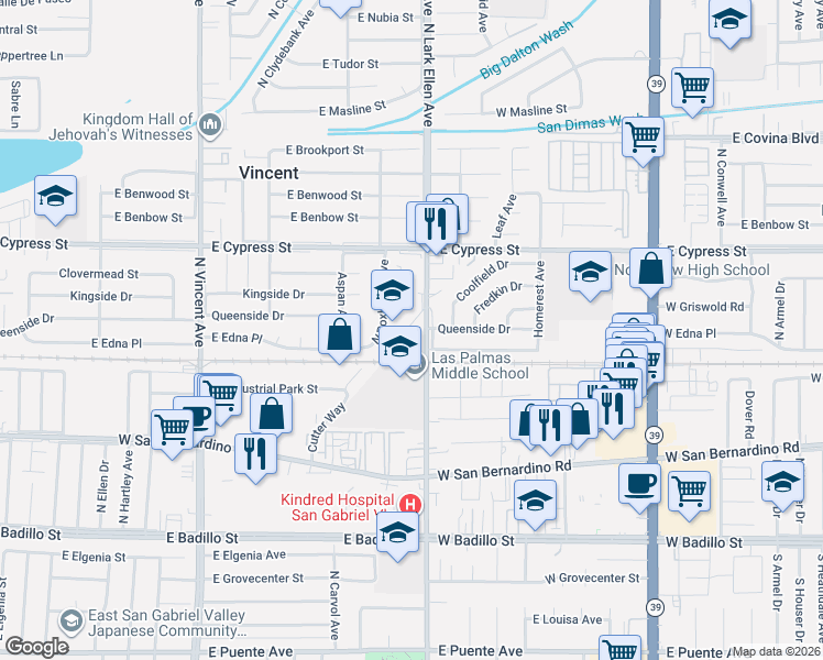 map of restaurants, bars, coffee shops, grocery stores, and more near 4450 East Queenside Drive in Covina