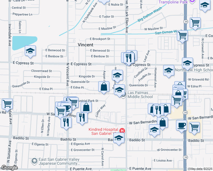 map of restaurants, bars, coffee shops, grocery stores, and more near 16708 East Queenside Drive in Covina