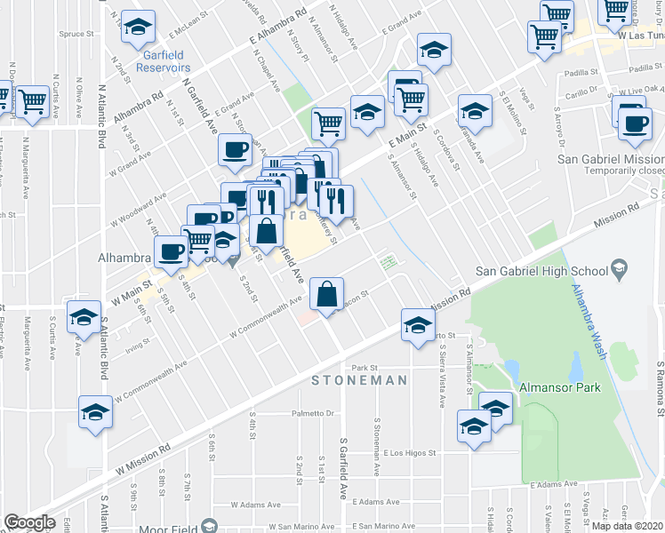 map of restaurants, bars, coffee shops, grocery stores, and more near 118 East Bay State Street in Alhambra