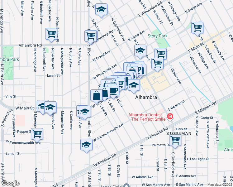 map of restaurants, bars, coffee shops, grocery stores, and more near 333 West Main Street in Alhambra
