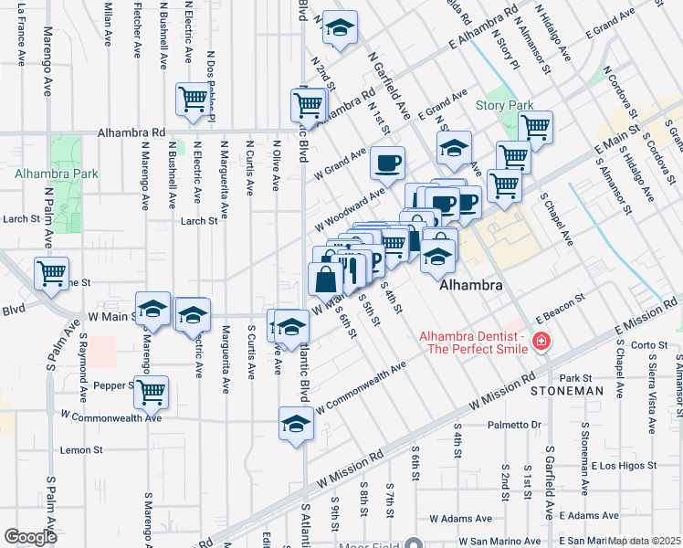 map of restaurants, bars, coffee shops, grocery stores, and more near 22 North 5th Street in Alhambra