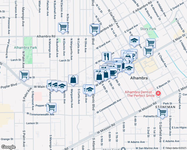map of restaurants, bars, coffee shops, grocery stores, and more near 112 North Atlantic Boulevard in Alhambra