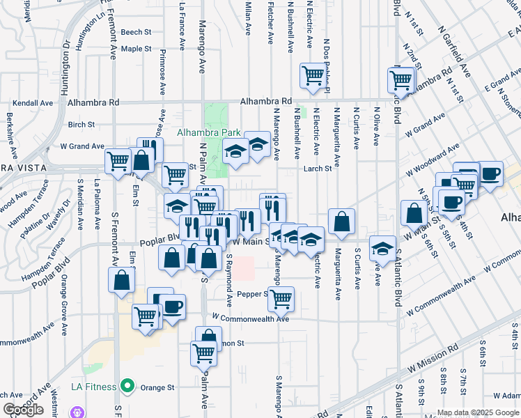 map of restaurants, bars, coffee shops, grocery stores, and more near 1719 Vine Street in Alhambra