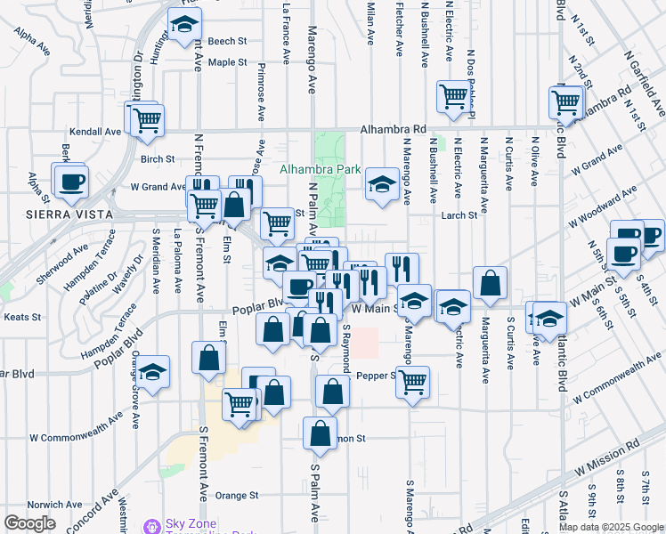 map of restaurants, bars, coffee shops, grocery stores, and more near 112 North Palm Avenue in Alhambra