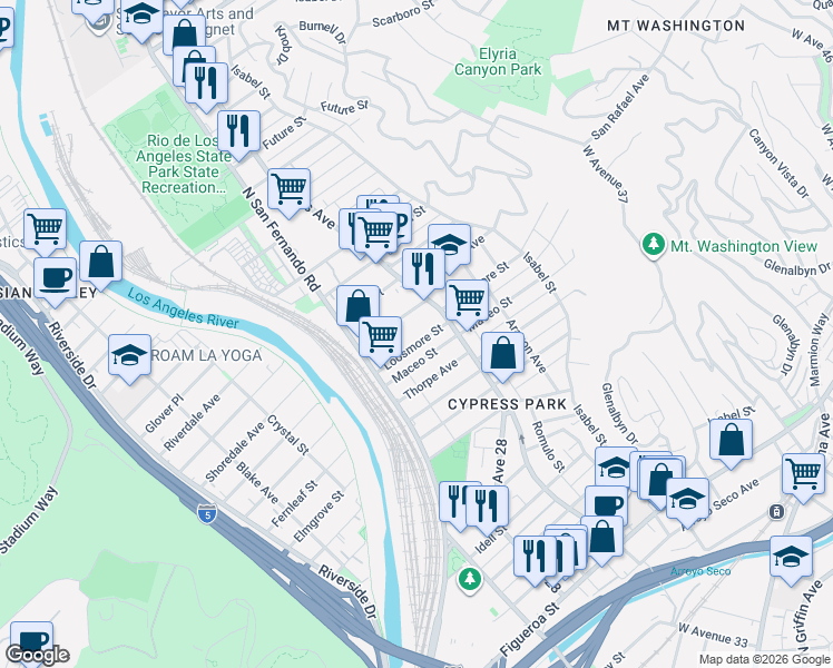 map of restaurants, bars, coffee shops, grocery stores, and more near 2664 1/2 Roseview Avenue in Los Angeles
