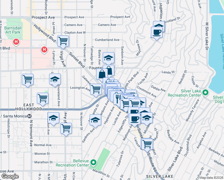 map of restaurants, bars, coffee shops, grocery stores, and more near 1140 Sanborn Avenue in Los Angeles