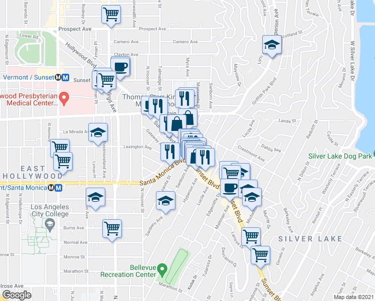 map of restaurants, bars, coffee shops, grocery stores, and more near Manzanita Street in Los Angeles