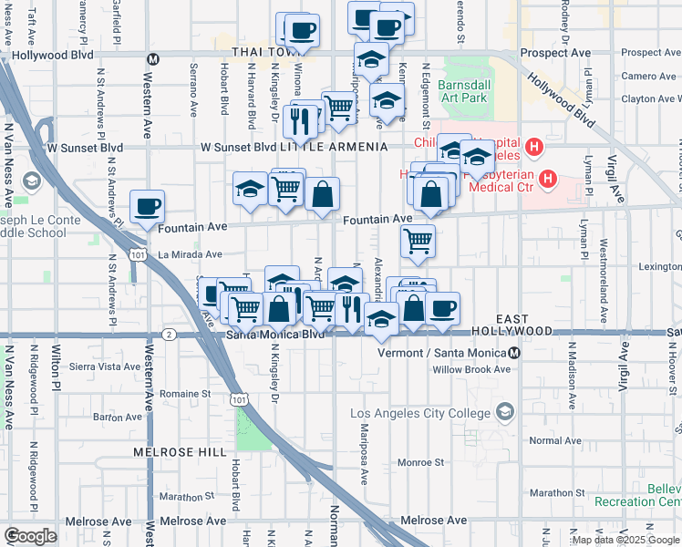 map of restaurants, bars, coffee shops, grocery stores, and more near 1204 North Normandie Avenue in Los Angeles