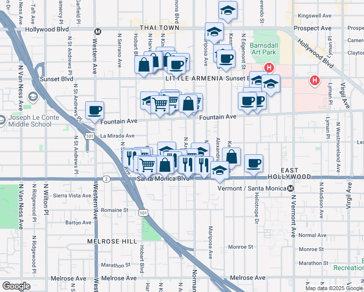 map of restaurants, bars, coffee shops, grocery stores, and more near 1202 North Kingsley Drive in Los Angeles
