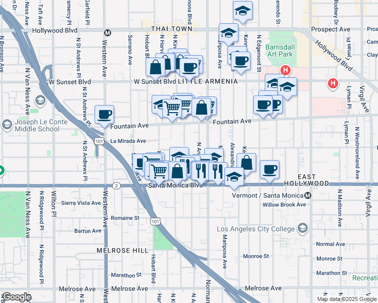 map of restaurants, bars, coffee shops, grocery stores, and more near 1202 North Kingsley Drive in Los Angeles
