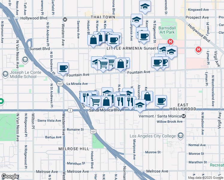 map of restaurants, bars, coffee shops, grocery stores, and more near 1202 North Kingsley Drive in Los Angeles