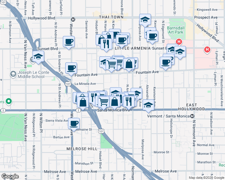 map of restaurants, bars, coffee shops, grocery stores, and more near 5225 Lexington Avenue in Los Angeles