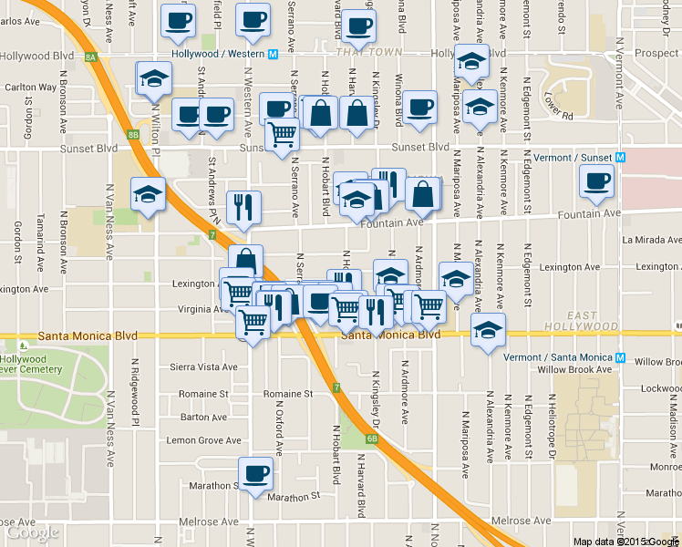 map of restaurants, bars, coffee shops, grocery stores, and more near 1229 North Hobart Boulevard in Los Angeles