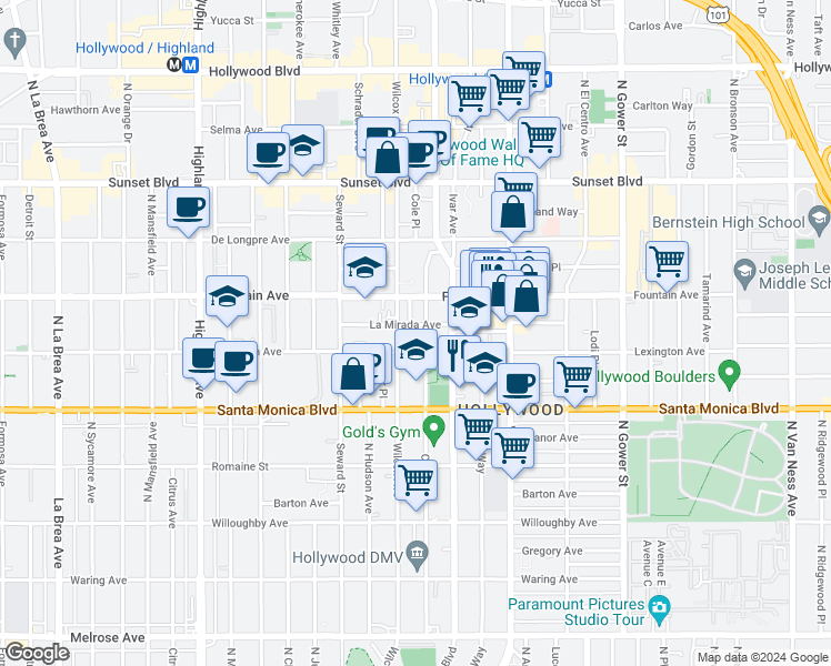 map of restaurants, bars, coffee shops, grocery stores, and more near 6 Cole Place in Los Angeles