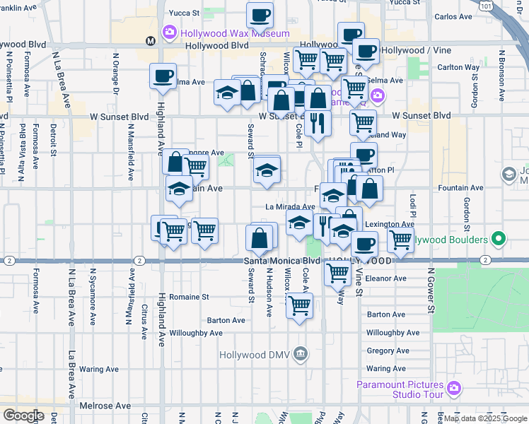 map of restaurants, bars, coffee shops, grocery stores, and more near 6523 La Mirada Avenue in Los Angeles