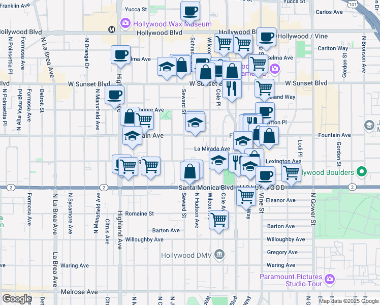 map of restaurants, bars, coffee shops, grocery stores, and more near 6523 La Mirada Avenue in Los Angeles
