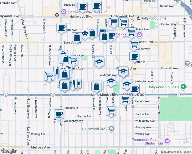 map of restaurants, bars, coffee shops, grocery stores, and more near 1231 Seward Street in Los Angeles