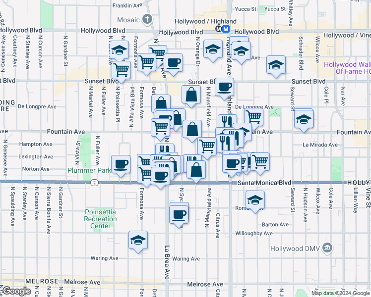 map of restaurants, bars, coffee shops, grocery stores, and more near 1232 North Sycamore Avenue in Los Angeles