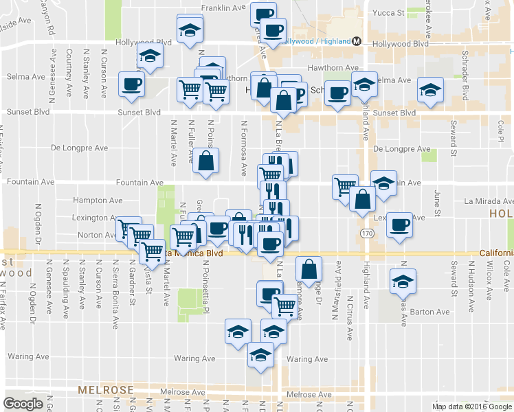 map of restaurants, bars, coffee shops, grocery stores, and more near 1231 North Detroit Street in West Hollywood