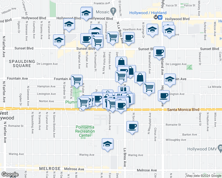 map of restaurants, bars, coffee shops, grocery stores, and more near 1231 North Detroit Street in West Hollywood